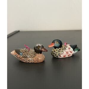 2 Vintage Hand Painted Mallard Duck Miniature Wood Decoy Figurine Ornament 2pc